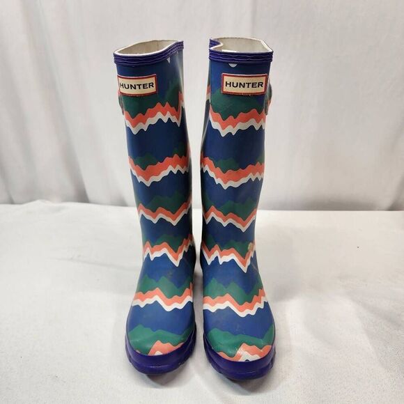 Hunter Kids First Storm Stripe Electric Rain Boots Size 4B/5G Green Blue Boys Gi - Picture 5 of 14